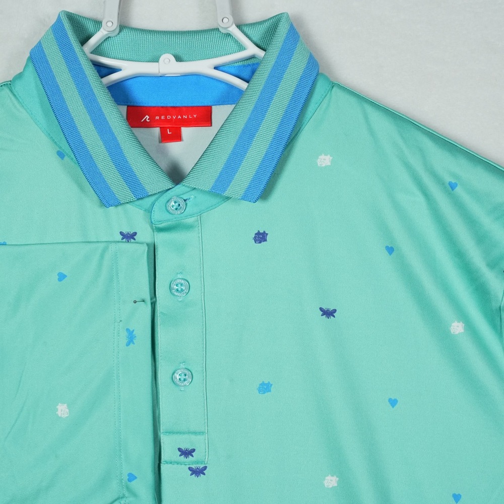 Redvanly Mens Mint Green Heart Bee Bulldog Print Golf Performance Polo Shirt L